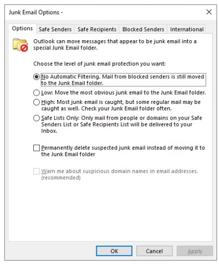 Schermafbeelding van Opties voor ongewenste Email