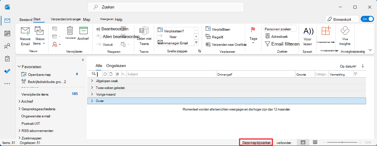 Outlook heeft postvak gedeeld met het bijwerken van dit mapbericht omcirkeld in een rood vak