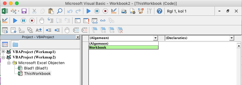 VBE-editor met vervolgkeuzelijst voor objectselectie