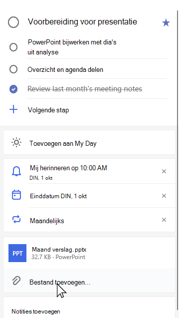 Detailweergave van de taak voorbereiden voor presentatie met maandelijkse Report.pptx bijgevoegd en de optie Bestand toevoegen geselecteerd