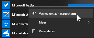 Contextmenu voor Microsoft To Do openen en Vastmaken om te starten geselecteerd