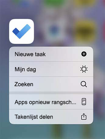 Het menu Snelle actie uitvoeren is geopend met de optie om Nieuwe taak toe te voegen, toe te voegen aan Mijn dag of Een taak te zoeken