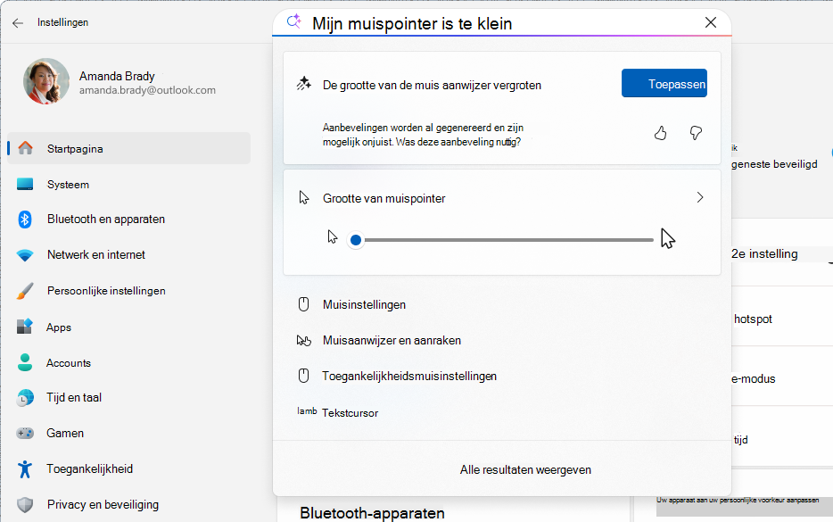 Schermopname van Instellingen met een zoekopdracht op basis van AI met behulp van de agent.