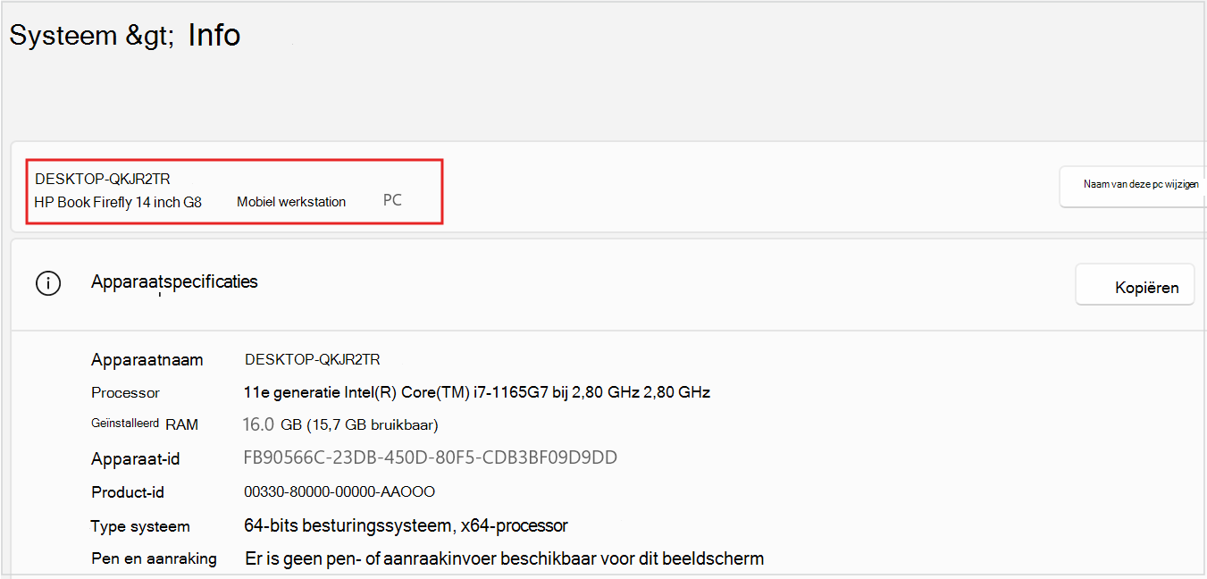 Schermopname van de apparaatnaam en het model van pc's
