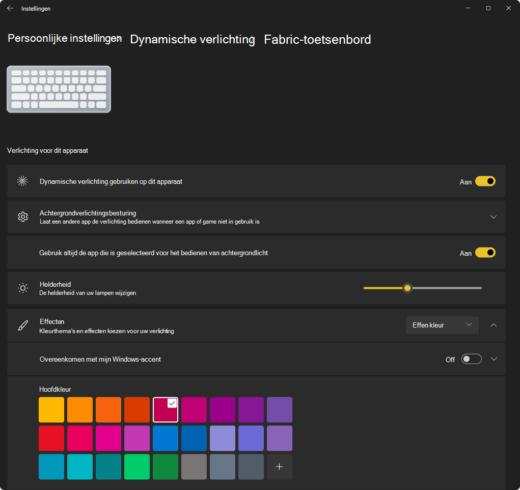 Schermopname van de app Instellingen met de eigenschappen van dynamische verlichting van een toetsenbord.