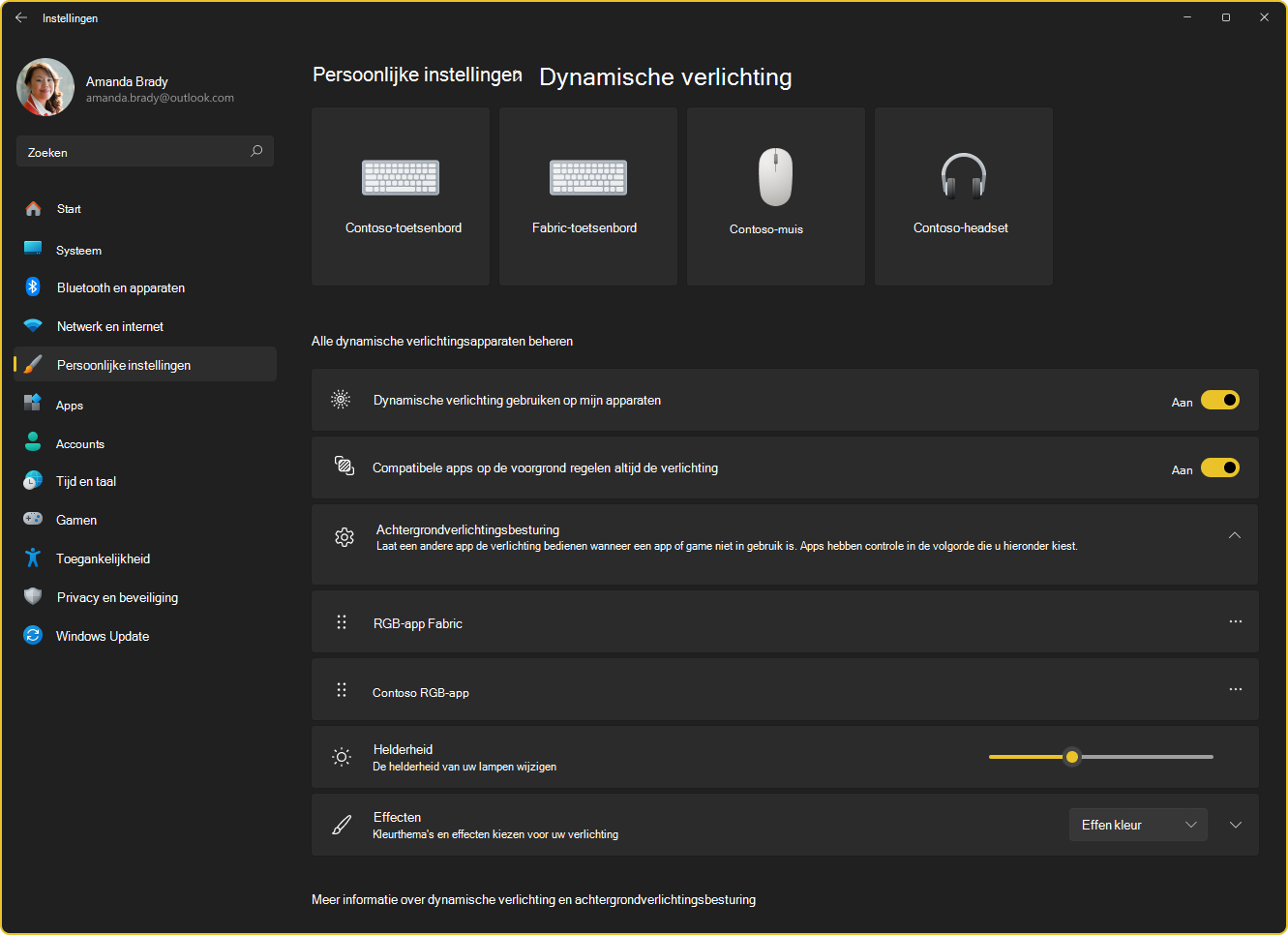 Schermopname van de pagina Instellingen - Dynamische verlichting.