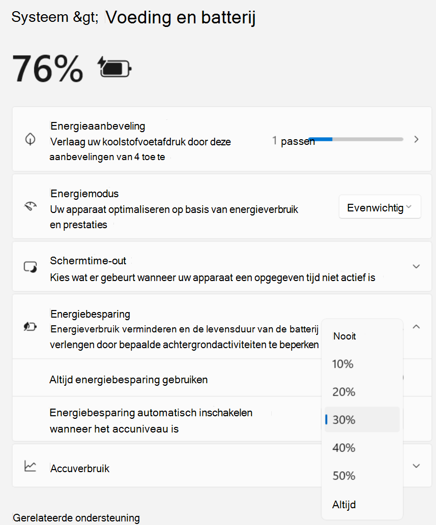 Schermopname van Instellingen > Systeemstroom > en Batterij > Energiebesparing