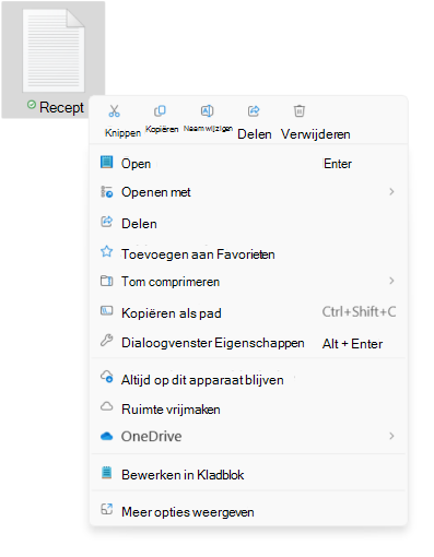 Schermopname van het contextmenu van het bestand met de nieuwe opties voor knippen, kopiëren, hernoemen, delen en verwijderen.