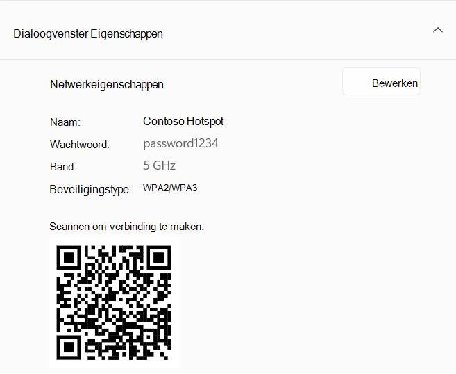 Schermopname van een QR-code die wordt gebruikt om verbinding te maken met een Windows-apparaat dat als hotspot fungeert.