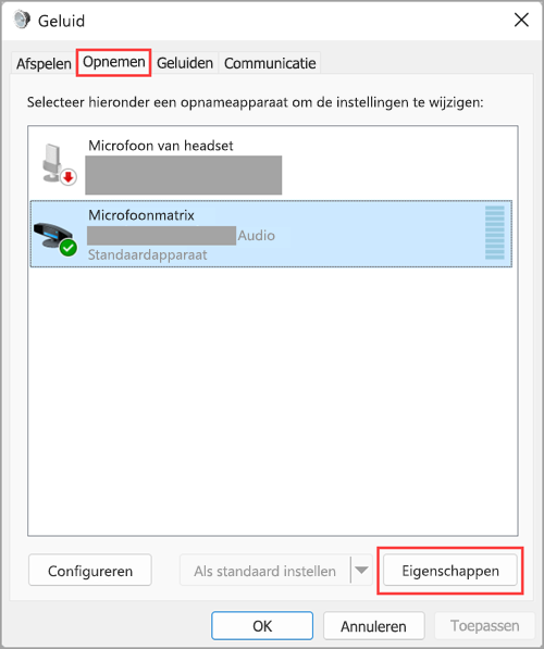 Toegang tot apparaateigenschappen voor audio-invoer in Windows 11-geluidsinstellingen.