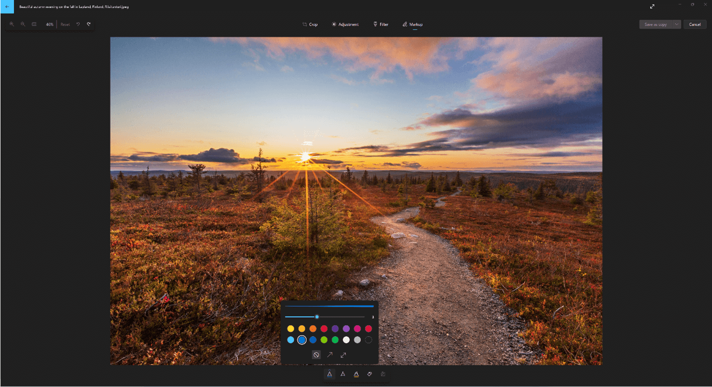 Toont opmaakopties voor foto's in Windows 11, inclusief penkleuren en breedten.