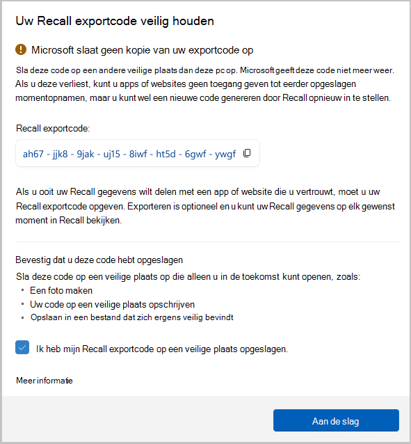 Schermopname van de exportcode voor Intrekken