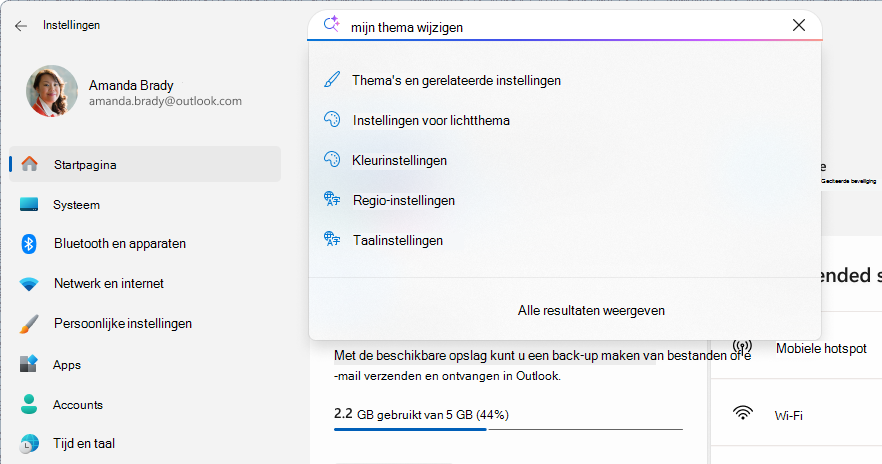Schermopname van een zoekopdracht in instellingen.