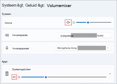 Volume en standaard audioapparaten weergeven in Windows 11-volumemixer.