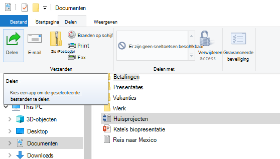 Waar vind ik de knop Delen in Bestandenverkenner op Windows 10