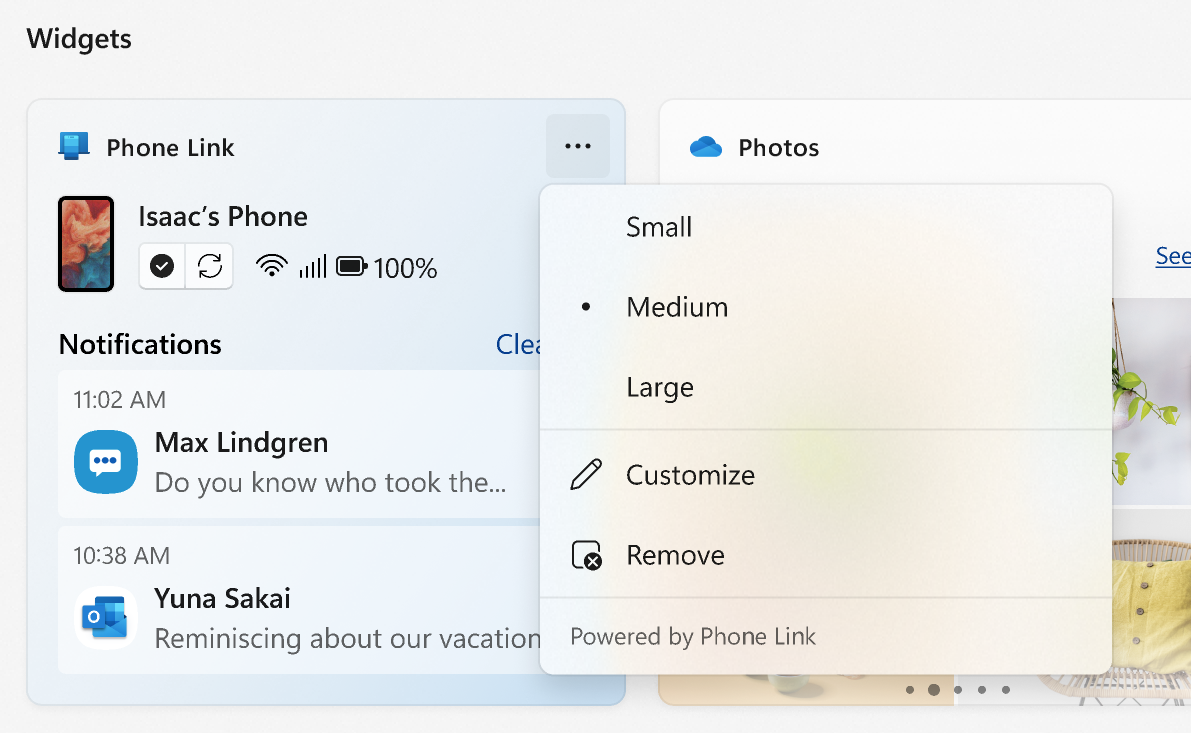 Widgetmenu Telefoonkoppeling met opties voor grootte, aanpassen, verwijderen en Mogelijk gemaakt door Telefoonkoppeling.