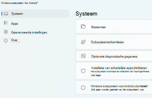 Toont de hoofdpagina voor Windows-subsysteem voor Android (TM).