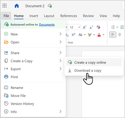 Schermopname van de opdracht Een kopie downloaden in Word voor het web.