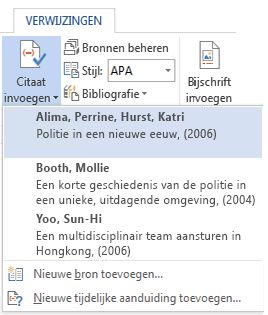 Vervolgkeuzelijst voor Bronvermelding invoegen.
