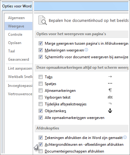 Het selectievakje Achtergrondkleuren en -afbeeldingen afdrukken in het dialoogvenster Word-opties