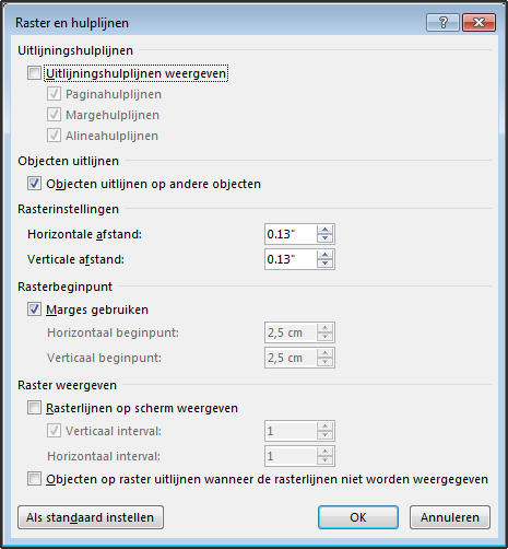Word-dialoogvenster Raster en hulplijnen