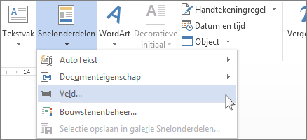 Optie Veld invoegen in het menu Snelonderdelen.