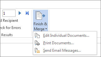 Schermopname van het tabblad Verzendlijsten in Word, met de opdracht Voltooien & Samenvoegen en de bijbehorende opties.