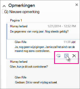 Afbeelding van de opdracht voor het markeren van opmerkingen als Gereed. Klik op een opmerking om de opdracht weer te geven.