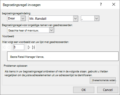 Dialoogvenster Begroetingsregel