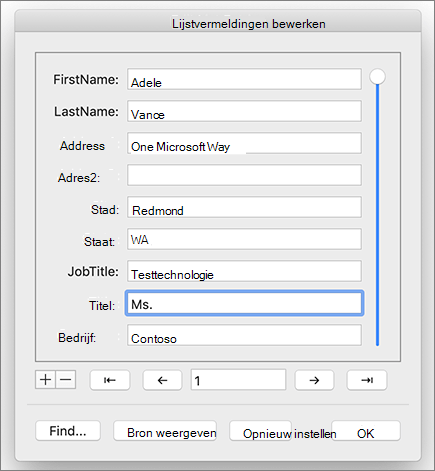 Dialoogvenster Geadresseerden bewerken