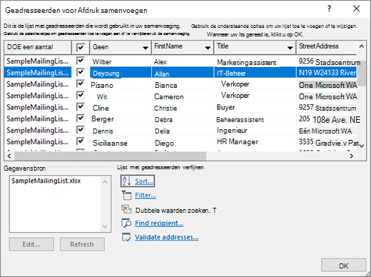 Dialoogvenster Geadresseerden bewerken