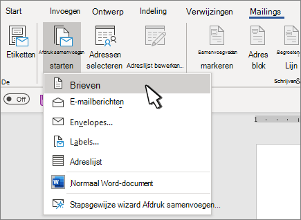Startmenu Afdruk samenvoegen met Letters geselecteerd