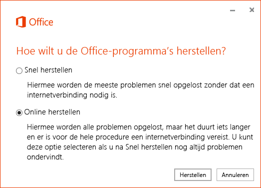 Het dialoogvenster Office herstellen bij het herstellen van de OneDrive voor Bedrijven-synchronisatieapp
