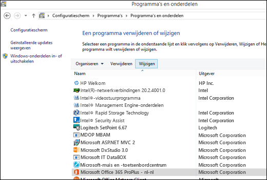Klik op Wijzigen in het onderdeel Een programma wijzigen of verwijderen om een herstelbewerking te starten voor Microsoft Office