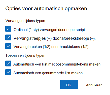 Kies de gewenste opties voor automatisch opmaken en selecteer OK.