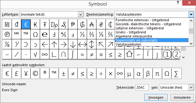 Toont de subset Subscript en superscript in het dialoogvenster Symbool in PowerPoint