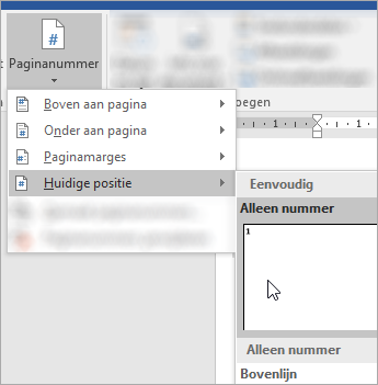 Schermafbeelding van het kiezen van paginanummer zonder opmaak op de huidige positie in het document