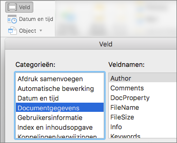Schermafbeelding met veldcodes gefilterd op categorie Documentgegevens