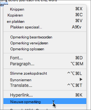Kies nieuwe opmerking in het snelmenu