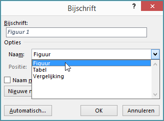 Gebruik het dialoogvenster Bijschrift om opties in te stellen voor uw bijschriften voor afbeeldingen, tabellen of vergelijkingen.