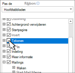 Selectievakje om tabbladen te verbergen of weer te geven
