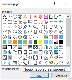 De naam van een tabblad, groep of opdracht wijzigen en een pictogram toevoegen