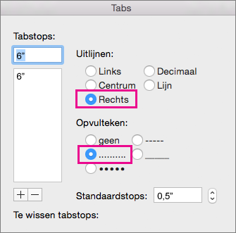 Het dialoogvenster Tab, ingesteld voor een rechts uitgelijnde tab met stippen