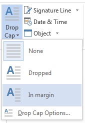 Kies in het menu Decoratieve initiaal de optie In marge om de initiaal in de marge en niet in de alinea te plaatsen.
