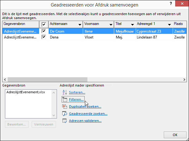Als onderdeel van Afdruk samenvoegen in Word, resultaten van een filter toegepast op een adressenlijst.