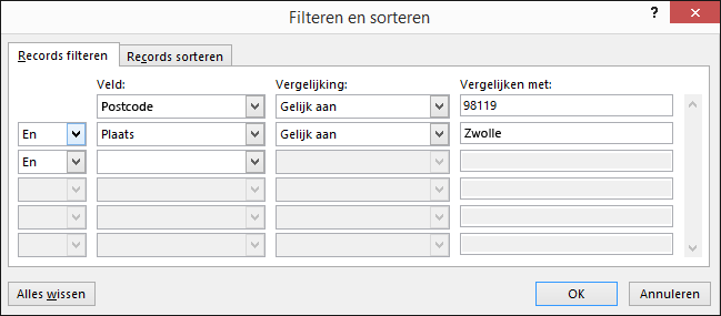 Klik als onderdeel van Afdruk samenvoegen in Word op Adressenlijst bewerken en kies Filteren onder Adressenlijst nader specificeren.