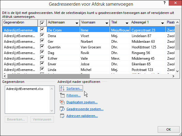 Als onderdeel van Word afdruk samenvoegen, resultaten van een soort lijst met geadresseerden.