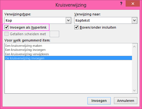 Kruisverwijzingsdialoogvenster met selectievakje voor hyperlinks gemarkeerd