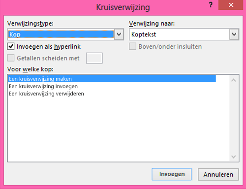 Kruisverwijzingsdialoogvenster in Word