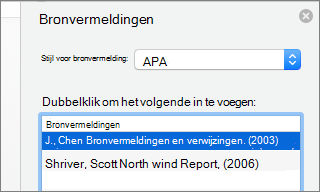 Deelvenster Bronvermeldingen met lijst met bronvermeldingen.